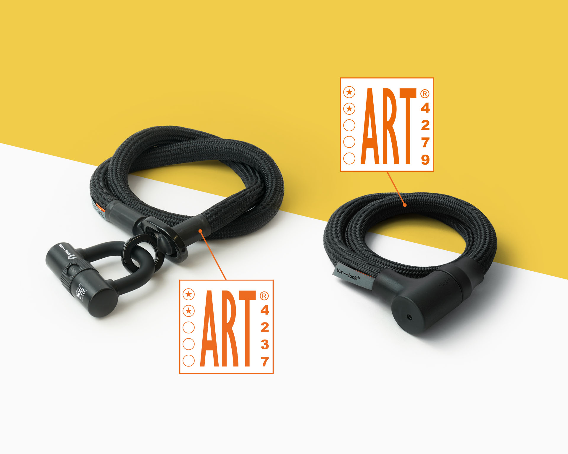 Flexible shackle lock extension tex-lock eyelet  black with U-Lock and rope lock orbit black with ART2 certificate logos