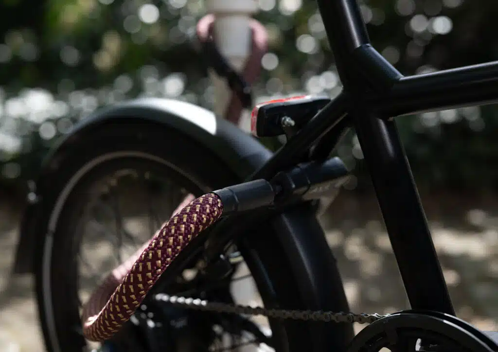 Black bike with frame lock and extension tex–lock mate in colour chateau red connected around a pillar in nature