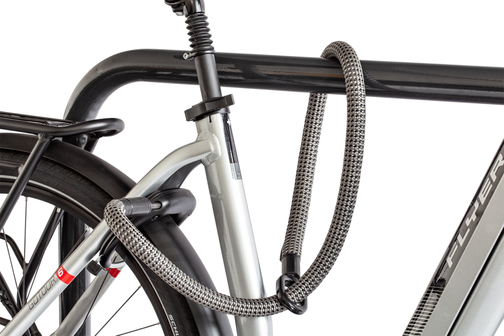 Flexible frame lock extension tex–lock mate  in gray secures bike frame to bike stand