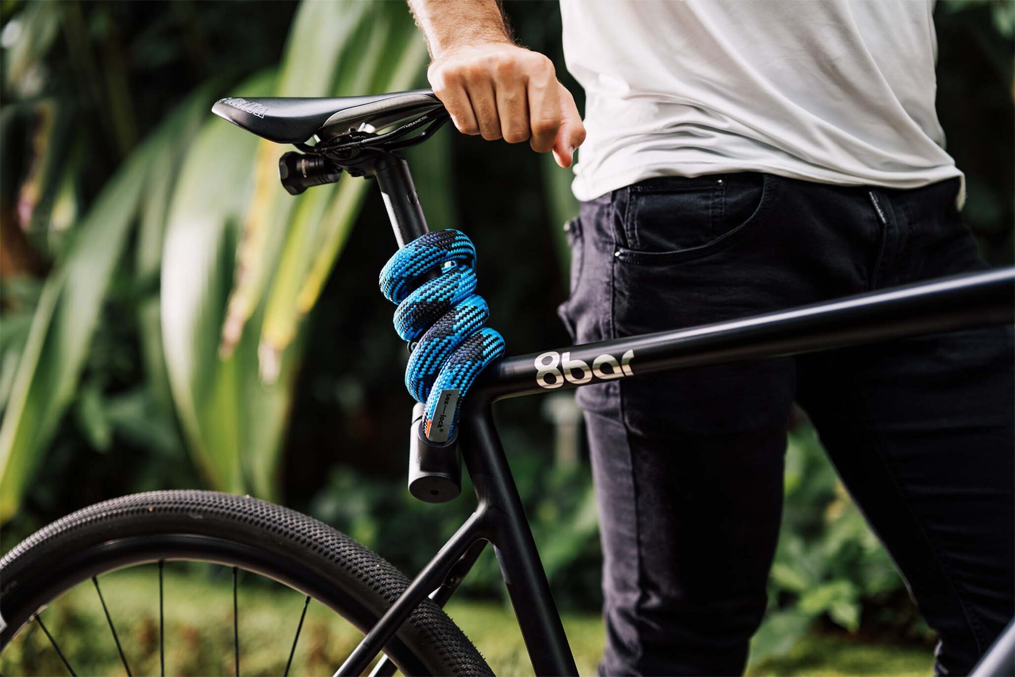 tex–lock orbit in morpho blue wrapped around seat post in botany