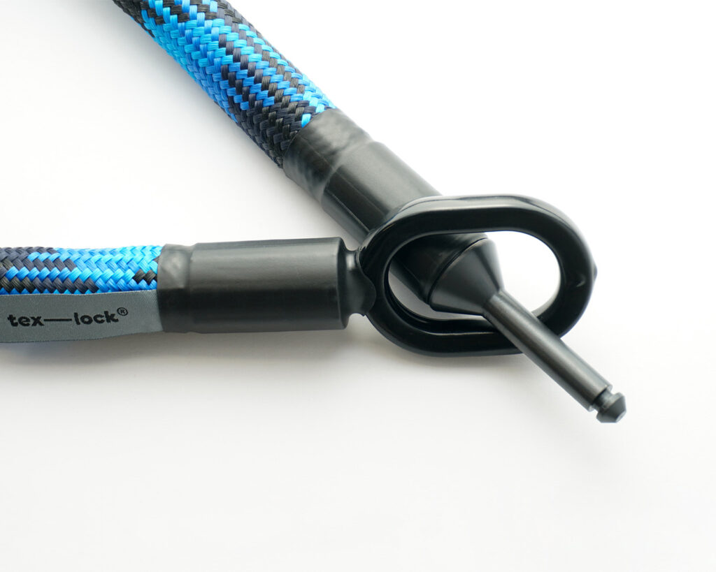 Universal steel bolt interlocked with metal eyelet from frame lock extension tex–lock mate in blue-black colour pattern